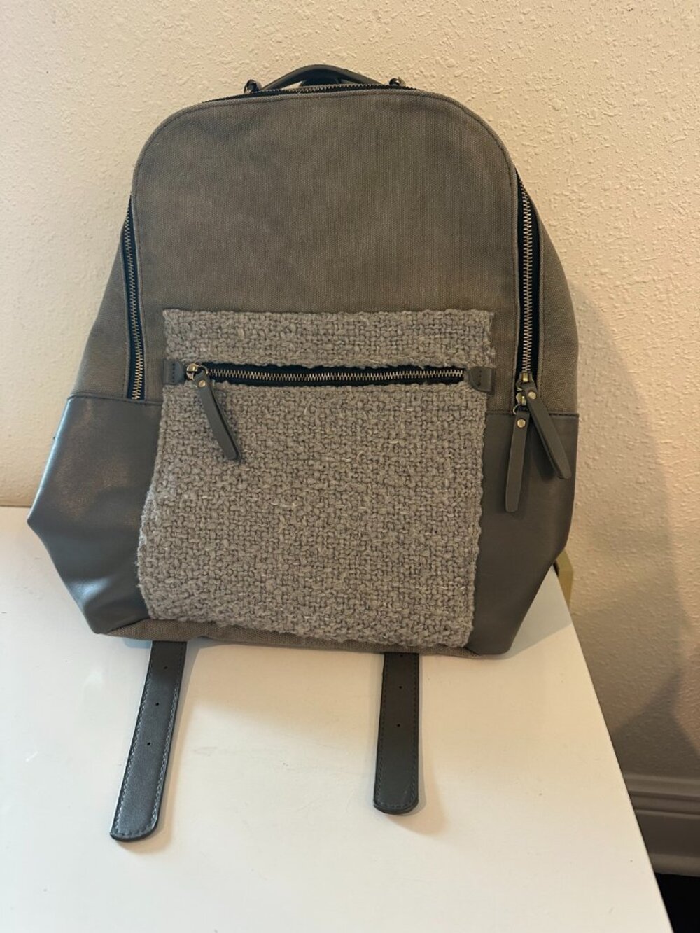 Madison West Gray Canvas Backpack with Tweed Front Pocket